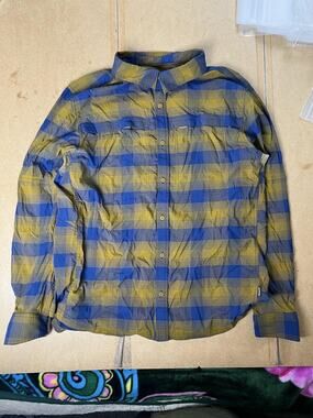 REI Co-op Shirt Mens XL Blue Plaid Long Sleeve Button-Up Travel Nylon Spandex